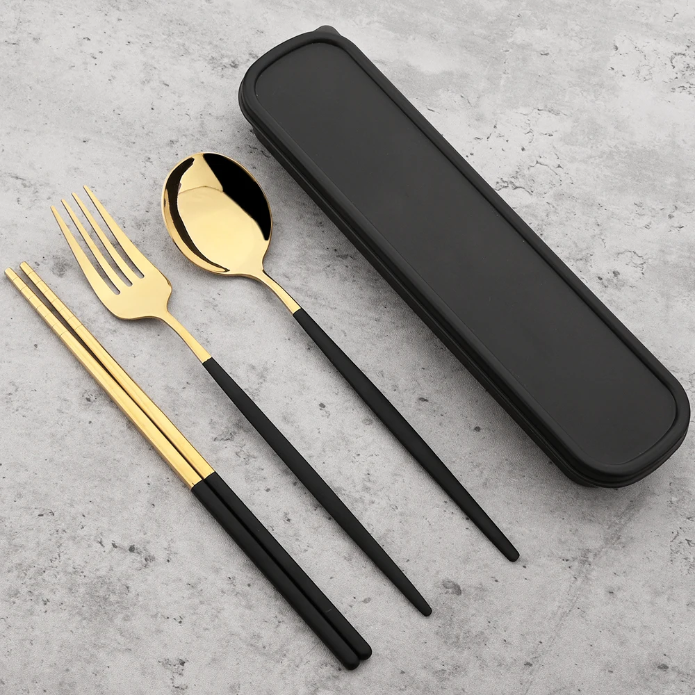 4pcs Stainless Steel Cutlery Set With Storage Box Black Gold Portable Cutlery Set For Home Kitchen Dining Household Tableware