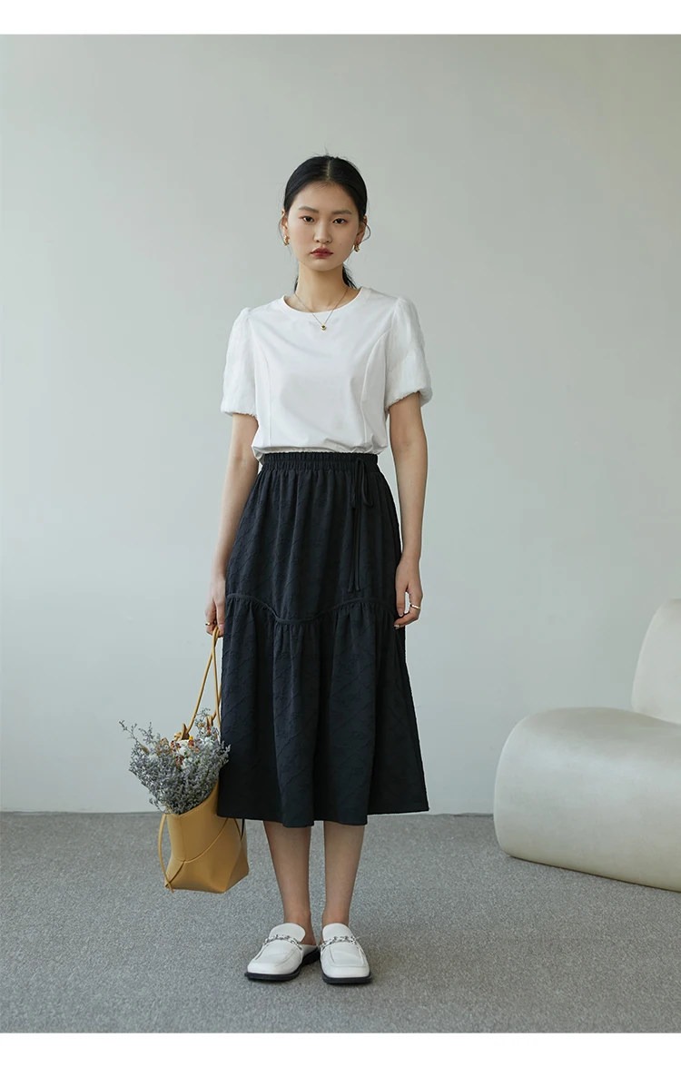 ZIQIAO Japanese Bow Decoration Elastic Waist A-LINE Dress High Waist Black Textured Jacquard Skirt Office Lady Spring Skirts midi skirt