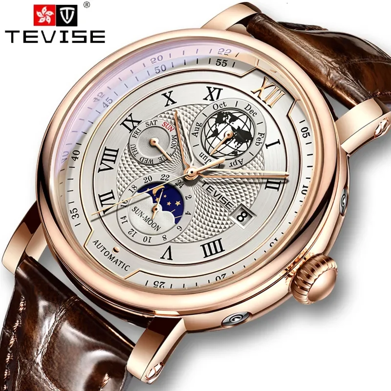 

TEVISE Business Waterproof Mens Mechanical Watches Top Brand Luxury Leather Watch For Men Moon Phase Automatic Wristwatch 230820