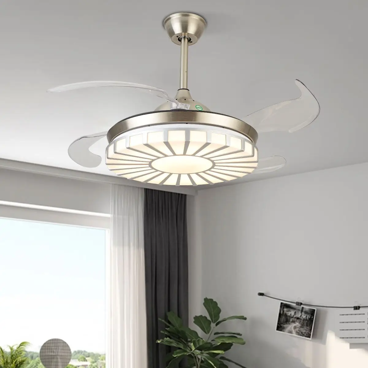 

Modern Ceiling Fan With Light LED Remote Retractable Fandelier Room Decor Dimmable 42" Fan Lamp Hall Chandelier Living Room