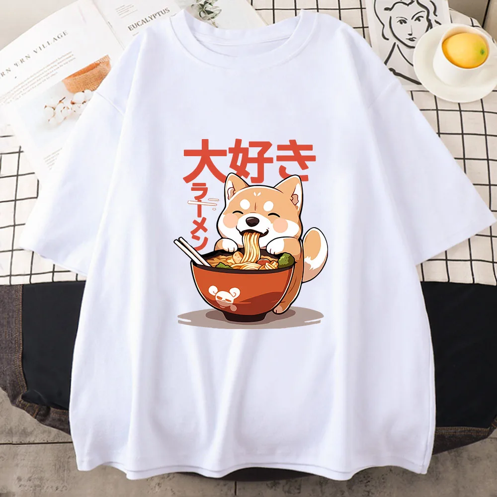 Shiba Inu Enjoying Ramen T-shirts 100% Cotton High Quality Summer Tee-shirt Casual Women/Men Kawaii Tshirt Cute Girls Shirts 3