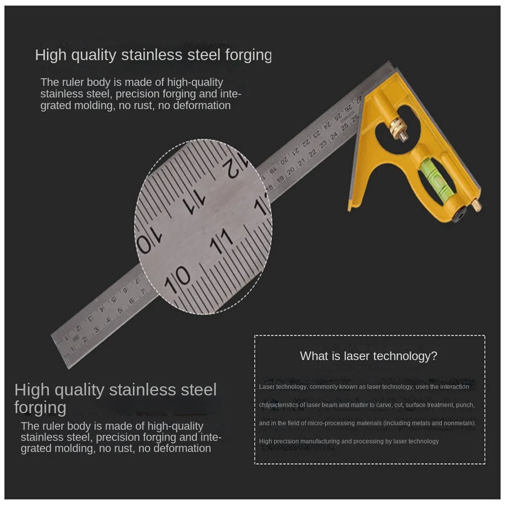 Right Angle Rotary Ruler Stainless Steel Adjustable 90 Degree Right Angle Portable Multi-function Measuring Tool 2mm