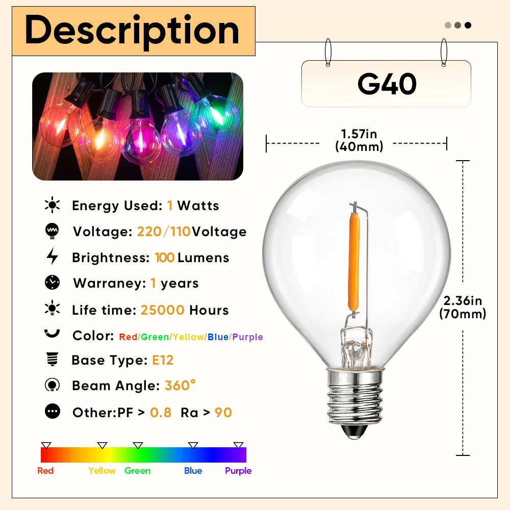 G40 멀티 컬러 LED 전구, RGB 빈티지 웨딩 레트로 야외 정원 조명, 크리스마스 장식, 필라멘트 램프, 1W, E12, 110V, 220V