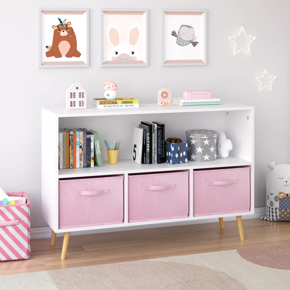 Kids Bookcase with Fabric Drawers for Toys and Books