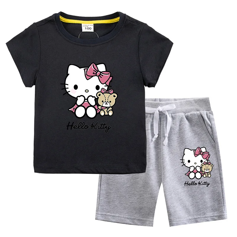 thumbnail image 1 of Hello Kitty nueva ropa para niños, Tops de algodón para niñas, pantalones cortos, traje de dos piezas, pantalones casuales de cinco puntos para niños + conjunto de Camiseta de cuello redondo, 1 of 5