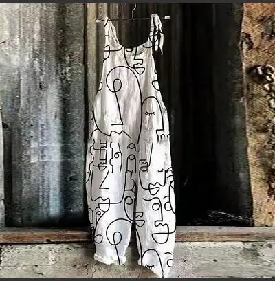 Casual One-piece Summer Aesthetic Print Retro Jumpsuits 2022 Harajuku Fashion Wide-leg Women Jumpsuit Linen Harem Baggy Pants