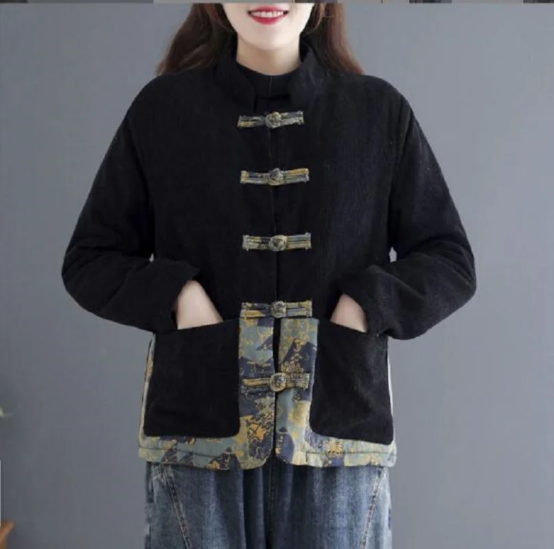Winter Chinese Classical Women Corduroy Cotton Coat Plush Thick Jacket Ladies Casual Long Sleeve Keep Warm Jackets