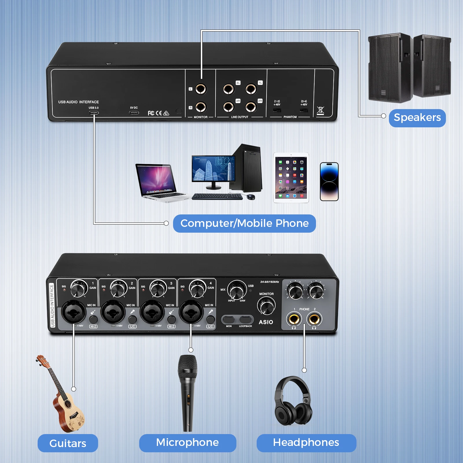 Depusheng MQ44 Professional 4 Channels Audio Interface Built in ASIO Driver High Impedance for Studio and Live Performances