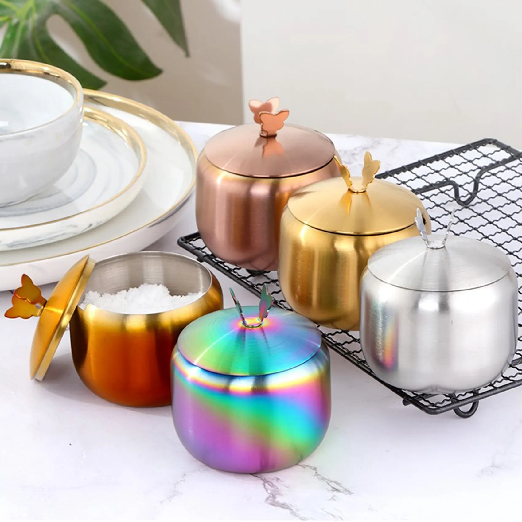 Seasoning Box Kitchen Stainless Condiment Pot Large Diameter Spice Salt Sugar Container Jar with Lid & Spoon