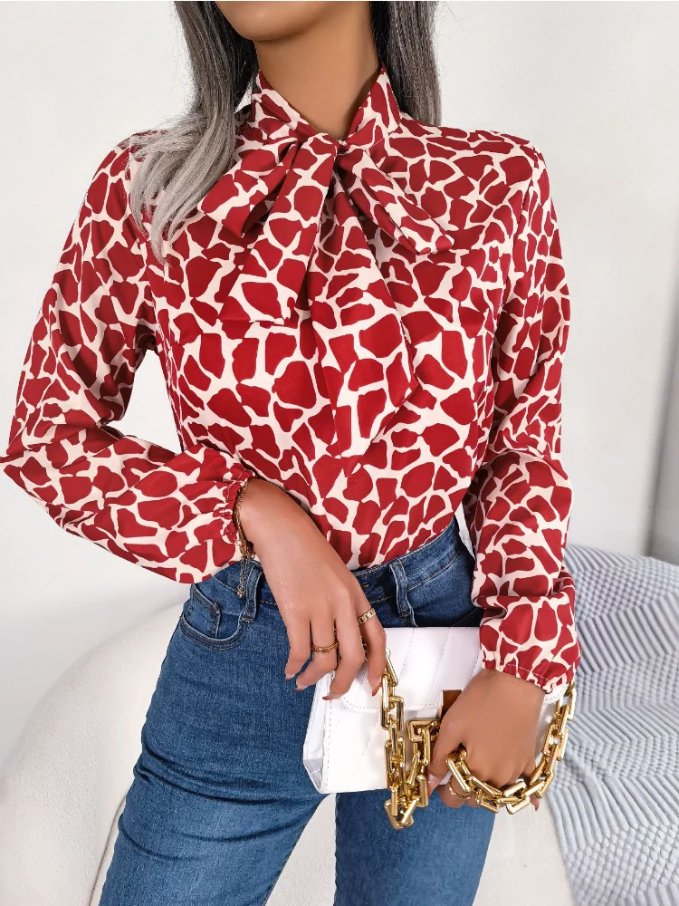 

New Summer Fashion Woman BlouseTemperament Contrast Color Lace-up Lantern Sleeve Chiffon Shirt Top Shirts and Blouses for Women