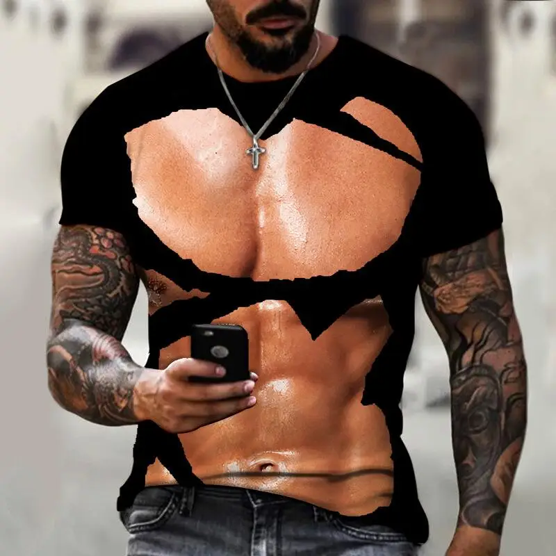T-shirt masculina do músculo do músculo do peito paródia hip-hop, impressão  3D, personalidade de rua, tendência, manga curta, confortável, blusa com o  pescoço