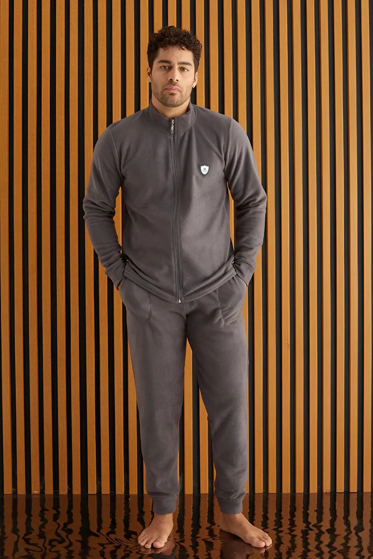 Gray Front Zipper Long Sleeve Fleece Men's Pajama Set