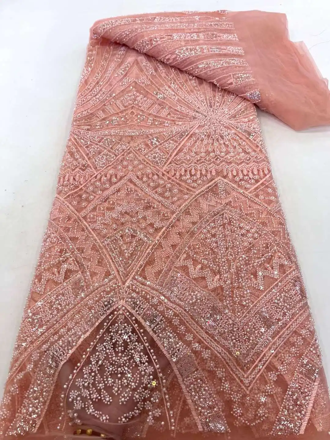 

High-End French Embroidery Groom Lace Fabric High Quality 5 Yards African Nigerian Sequin Lace Beaded Fabric For Wedding Dress