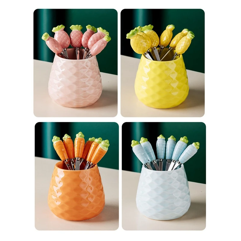 

Cute Ceramic Jar Fruit Fork Set 304 Stainless Steel Cake Fork Home Party Dessert Fork Cute Storage Jar Child Tableware