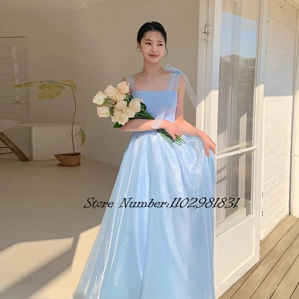 

Baby Blue Long Evening Party Dresses Korea Simple Shiny Silk Organza Lady Straps Lace Up Back Formal Prom Gowns 2024 New