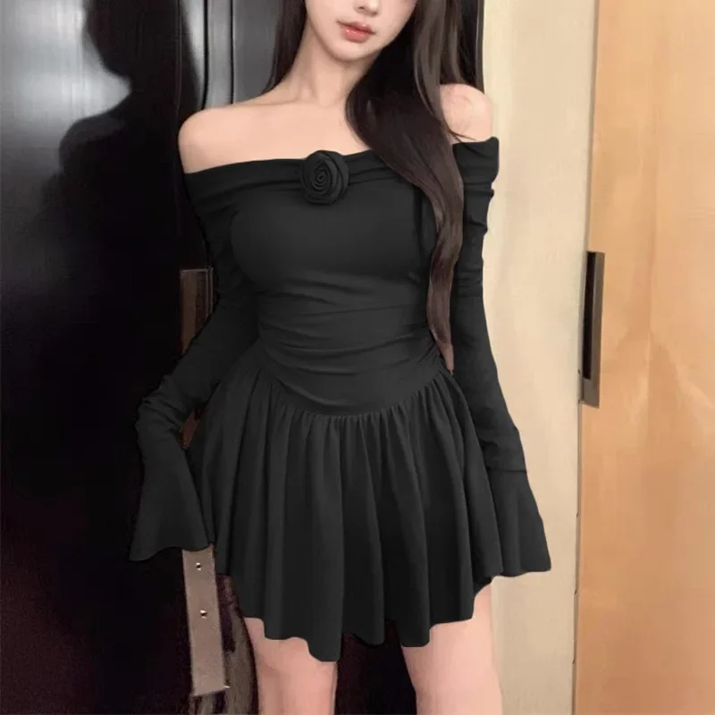Splice Flower Bodycon Mini Dress For Women Ruffled Folds High Waist Dresses Femme Off Shoulders Casual Slim Dress Woman