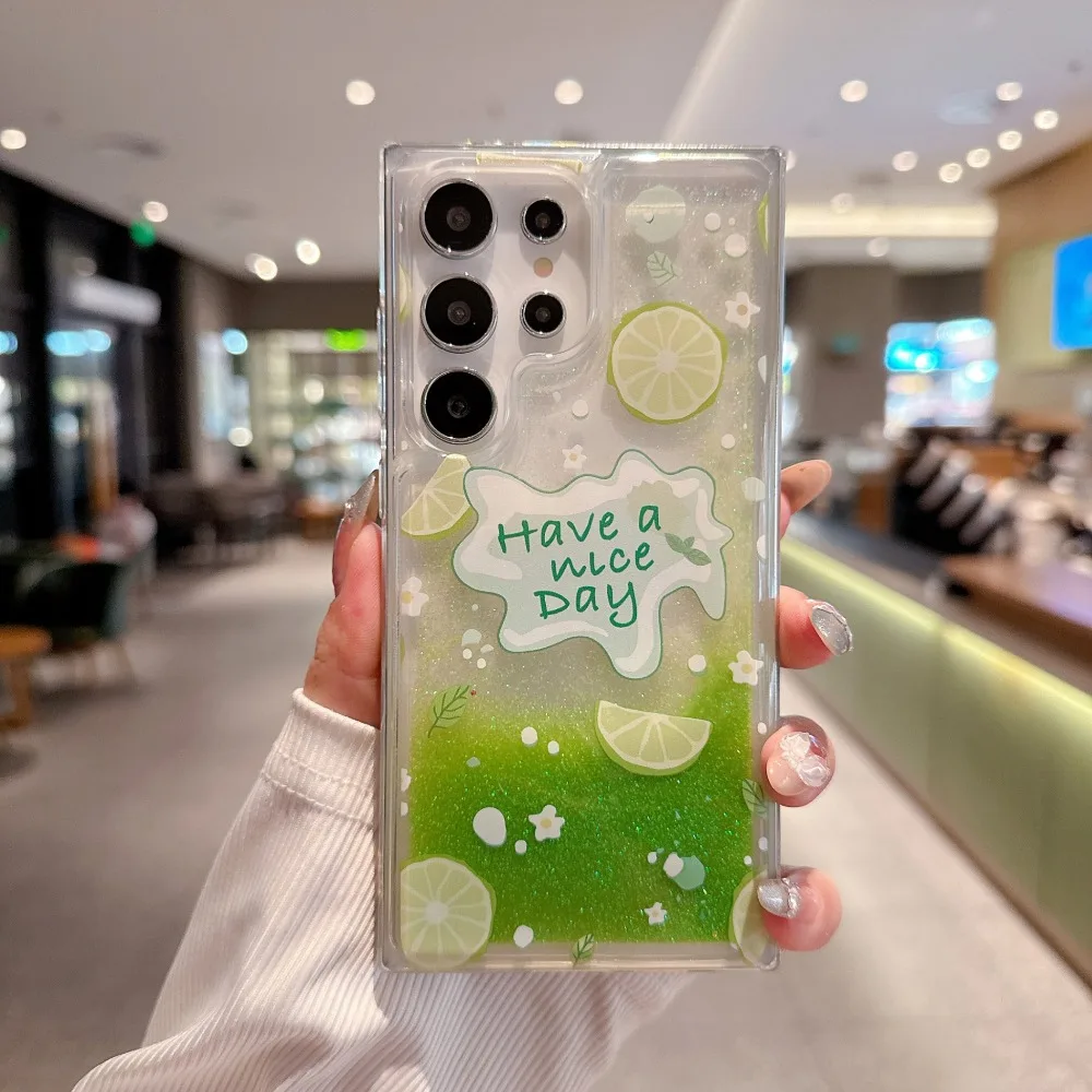 Luxury Flowing Glitter Liquid Quicksand Case - Cute Peach Lemon Shockproof Clear Cover