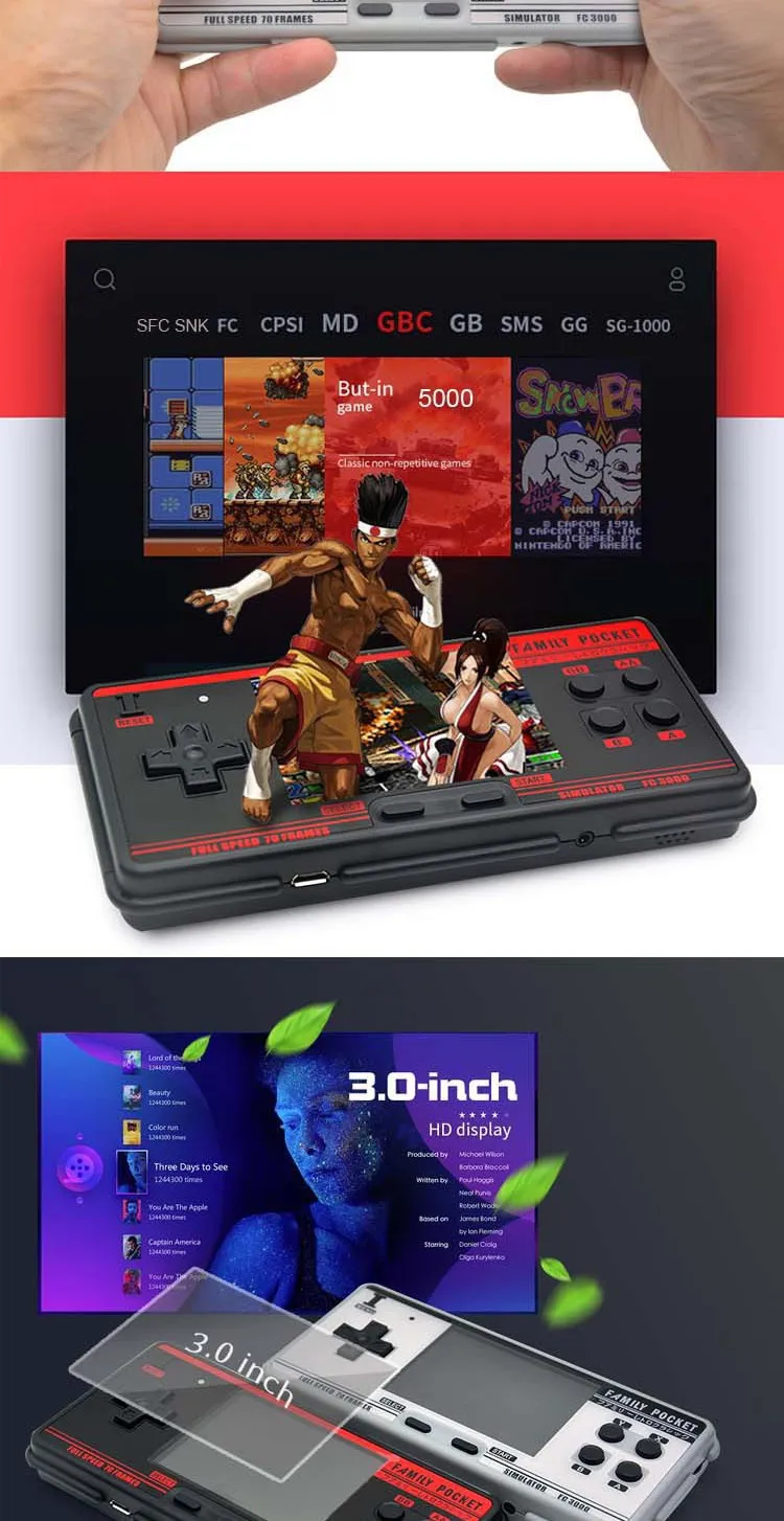 Portable Video Game FC3000 V2 Handheld Game Console IPS High HD Screen 3.0 Inch 5000+ Retro Games Player Controller Gamepad 2022