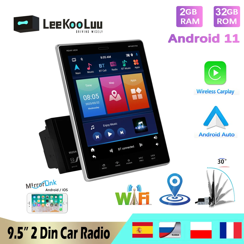 

Автомагнитола LeeKooLuu, 2 Din, Android, GPS, мультимедийный плеер, 9,5 дюйма, вертикальный экран, автомобильная стереосистема, Wi-Fi, беспроводная, Carplay для Toyota VW