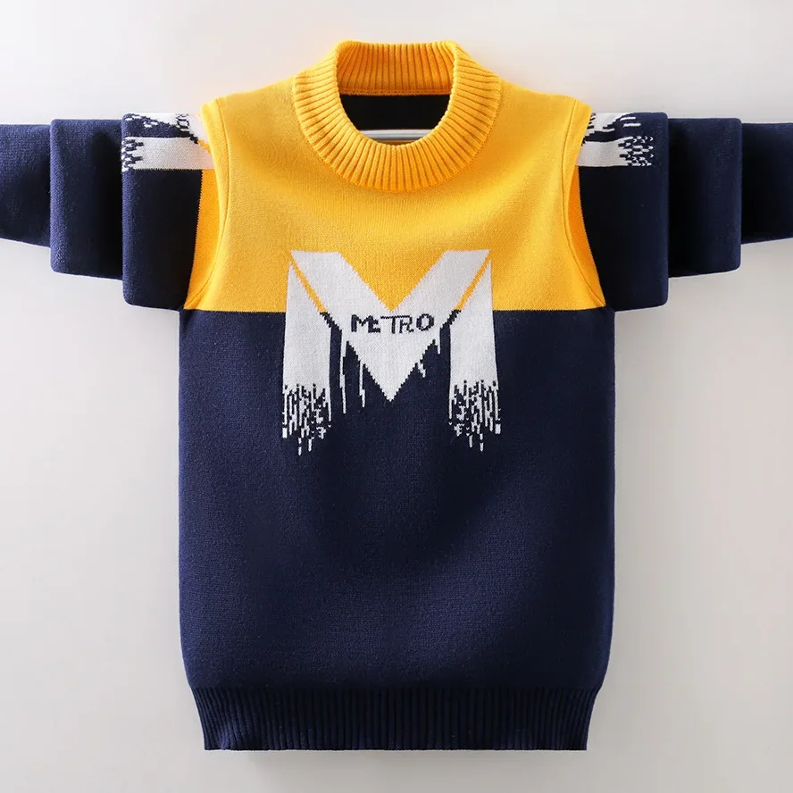 

Boys Sweater Autumn Winter Warm Children Knitted Pullovers Tops Teenage Clothes Fashion Letter Color Patchwork Kids Sweaters