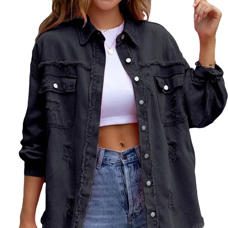 Women's Fashion Casual Ripped Distressed Denim Jacket Boyfriend Jean Coat Long Sleeve Button Down Trucker Jacket