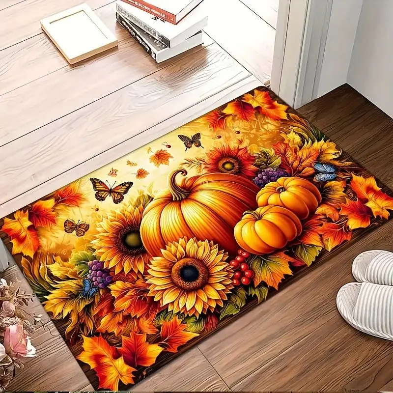 Maple Leaf & Pumpkin Design Door Mat Non-Slip Doormat Washable Rug for Living Room Bedroom Kitchen Office Waterproof Carpet