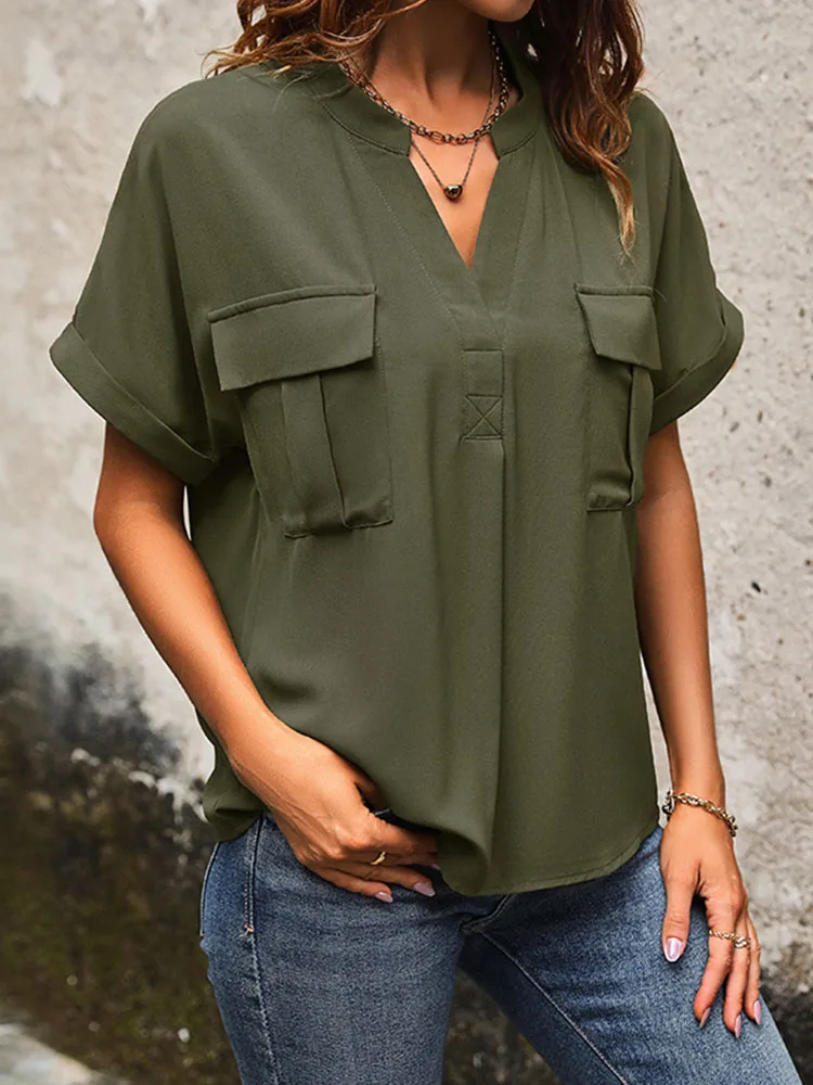 JIM & NORA 2024 Spring/Summer New Short Sleeved Shirt Women's European American Style Design V-neck Pocket Commuting Elegant Top