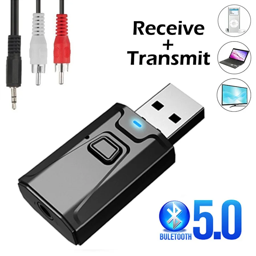USB 블루투스 5.0 송신기 리시버 마이크, 3 in 1 EDR 어댑터 동글, 3.5mm AUX, TV, PC 헤드폰, 홈 스테레오, 차량용 HIFI 오디오 