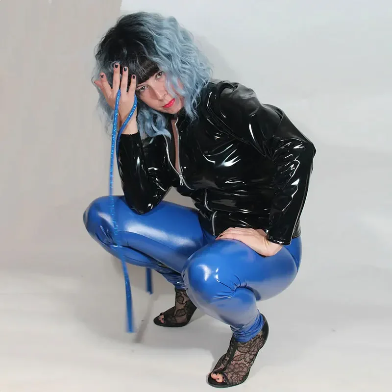 PU Faux Leather Jacket with Zipper for Women, Punk Style, Long Sleeve, Tops, Latex, Plus Size, Turn-down Collar, Outwears