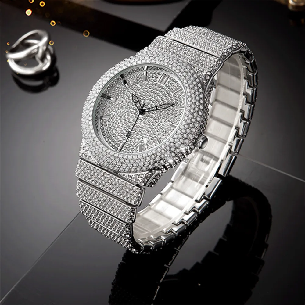 Wholesale 5pcs / lot Cool Original Brand Men Watches Silver Luxury Full Diamond Alloy Band Date Quartz Watch Montre Homme 2025