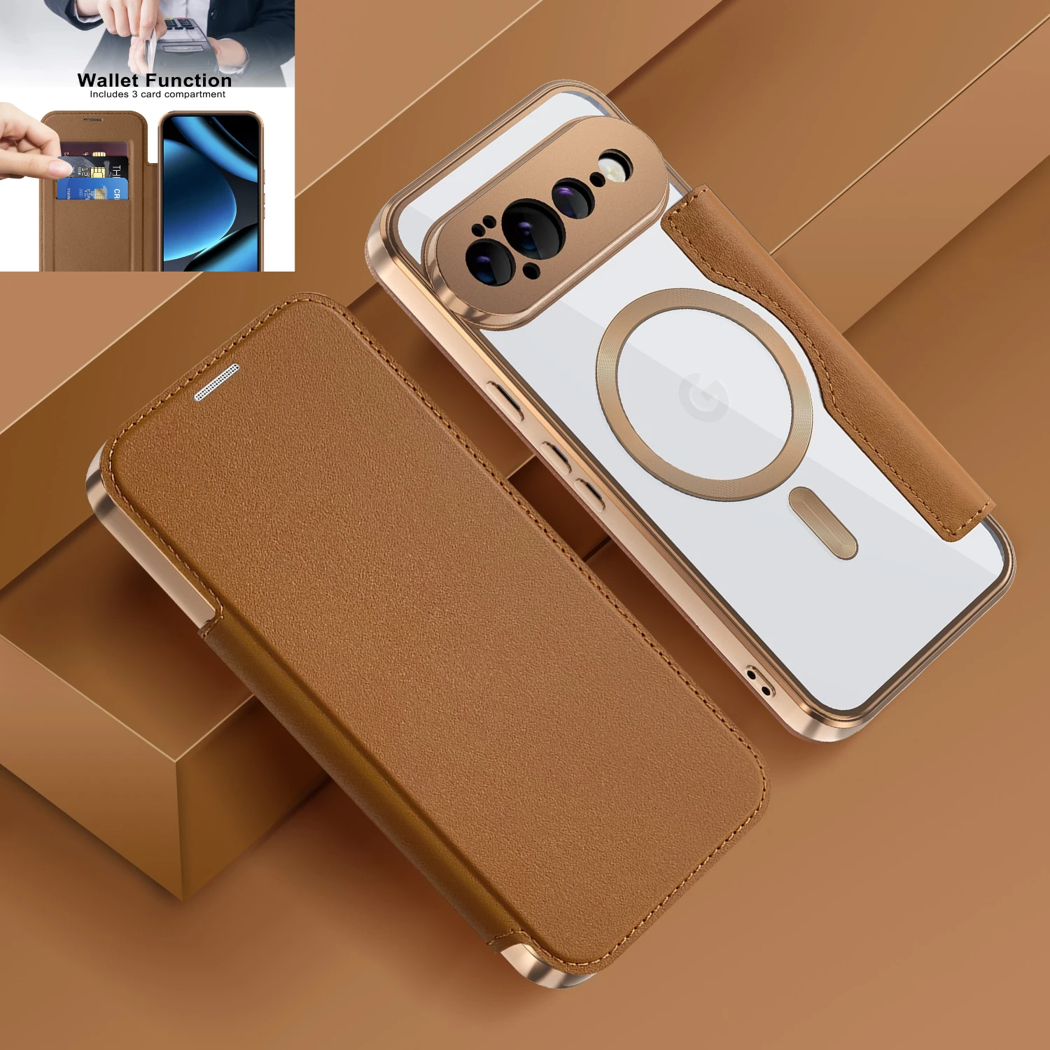 Luxury Leather Wallet Card Clip Clear Phone Case with Magnetic Wireless Charge Flip Cover