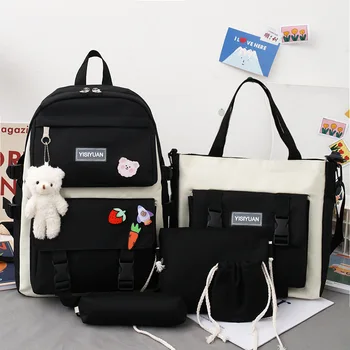 Student Fashion 5/pce Set Schoolbag Girl Simple Children Backpack Color Blocking Spine Protection Large Capacity Korean Version 1