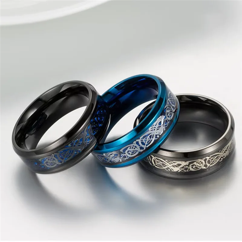 Stainless Steel Ring 2025 Fashion Men Celtic Dragon Ring Inlaid Red Blue Carbon Fiber Rings Wedding Band Jewelry 8MM Bague Homme