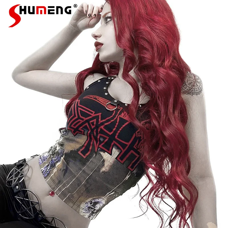 

Japanese Style Y2k Gothic Top Slings Asian Culture Music Festival Wear Song-Promotion Costume Punk Halter Vest Short Camisoles