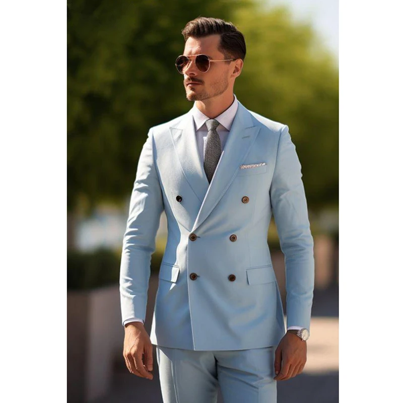 High-end modrá muži obleků dva kusu (blazer+pants) elegantní temeno klopa dvojitý breasted oblek štíhlý ležérní formální svatební ženich smoking