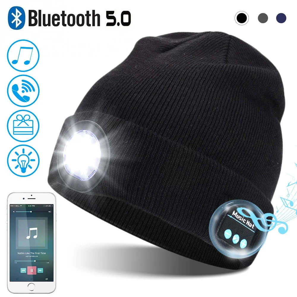 

Bluetooth Beanie Hat with Light Headlamp Cap with Headphones and Built-in Speaker Mic Gifts for Men Women Teen