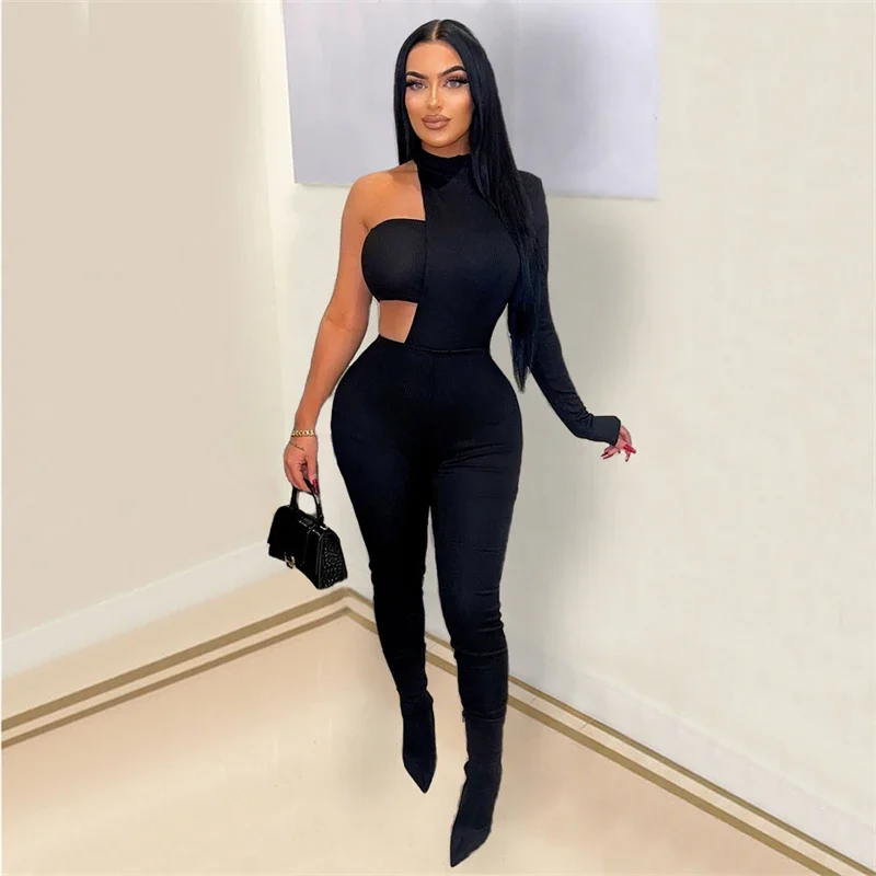 Solid Women Jumpsuits with Tube Top Sexy Cut Out Turtleneck One