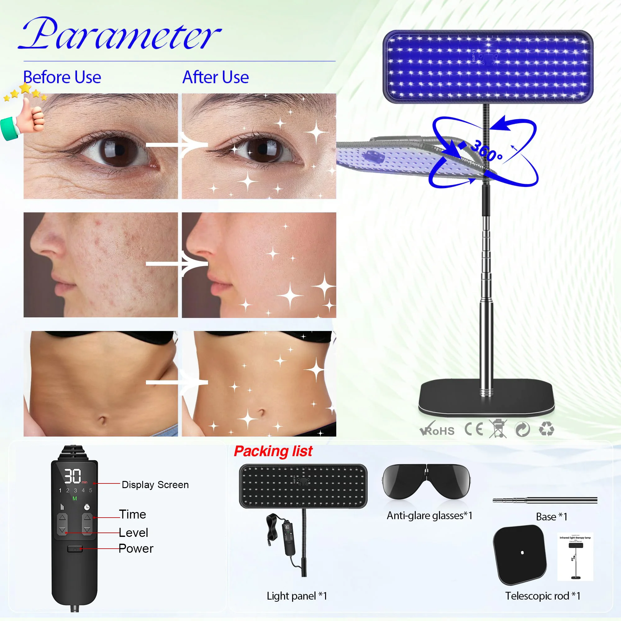 50W Tanning Lamp 460+490nm Wavelength 126LED 48PCS Blue Light Lamp Professional Tanning Face and Body Home Skincare Tools