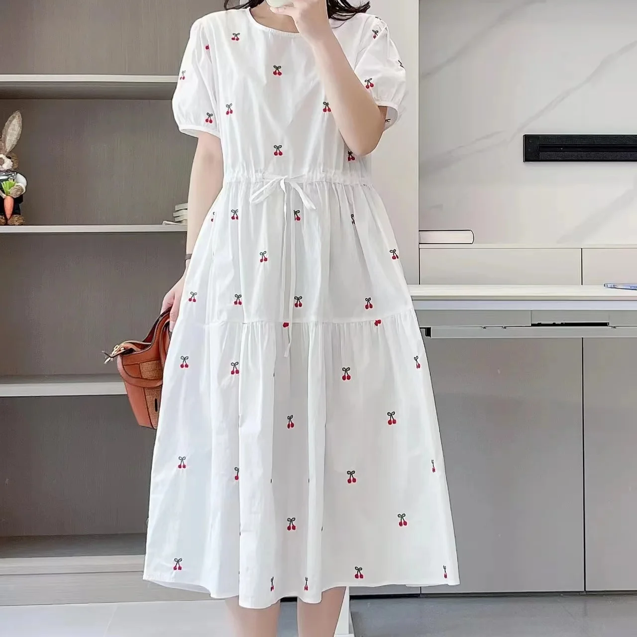 

Women's Summer Dress Mori Girls Japan Style y2k Fashion Kawaii Fruit Cherry Embroidery Cotton Dress Women Clothing