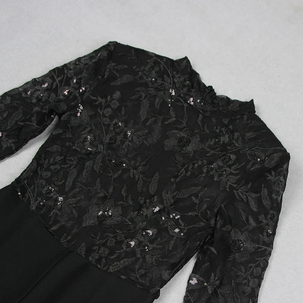 2024 Summer New Women's Black Sexy Long sleeved O-neck Lace Spliced Sequin Bandage Wide Leg jumpsuit Bodycon Party jumpsuit