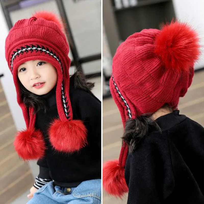 Winter Pompom Children Knitted Hat Solid Color Hairball Kids Beanie Cap Autumn Thicken Plush Warm Girl Ear Protection Bonnet 3
