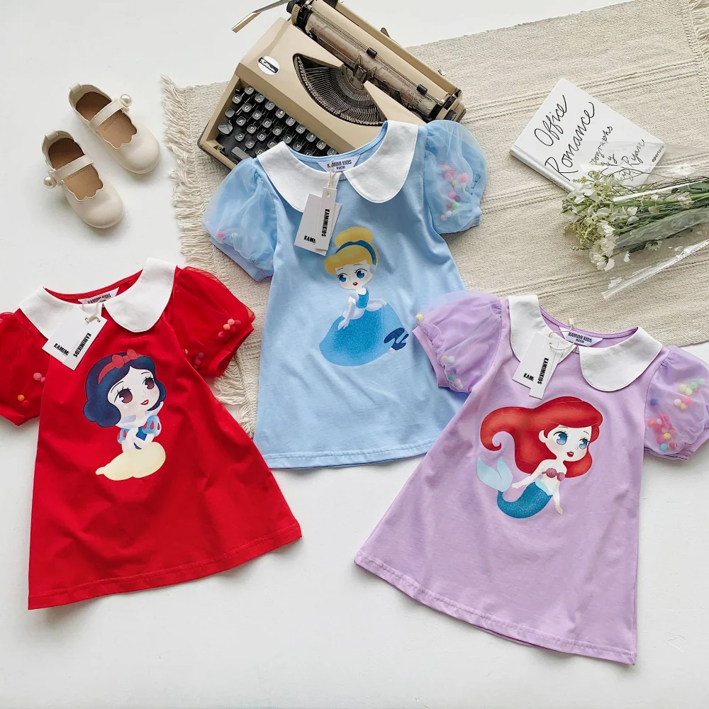 

Summer Children Girls Doll Collar Colorful Ball Mesh Puff Sleeve T-shirt Dress Cartoon Short Sleeve Disney Princess Print Dress