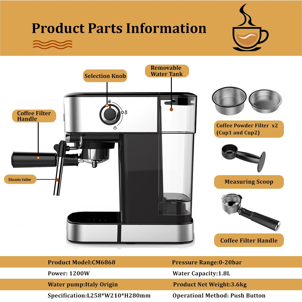 Coffart By BioloMix 1200W 20 Bar 에스프레소 커피 머신 밀크 프로더로 인스턴트 예열 Cafetera 카푸치노 온수 스팀