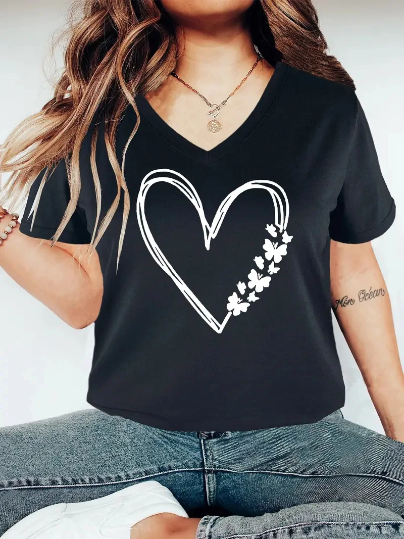

Fashion Love Print T Shirt For Women Summer Hot Sale Female Clothing Casual V-neck Oversized Tops Street Trend Short Sleeve Tees