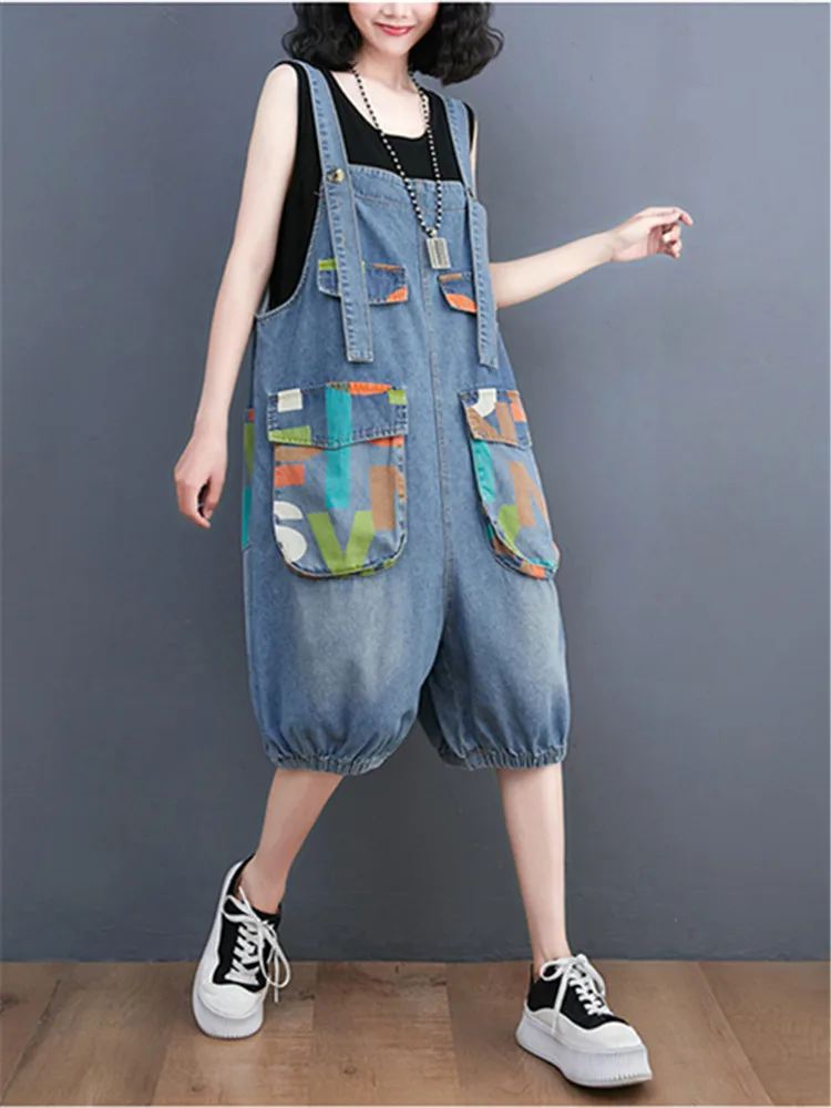 

Summer New Denim Contrasting Printing Women Overalls Pants High Waist Loose Plus Size Female Jumpsuit Big Pocket Casual Shorts
