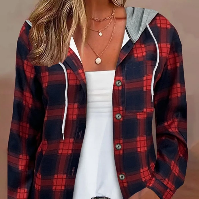 Women's Coat 2024 Spring/Summer New Women's Casual Checkered Pattern Button Front Hooded Top Coat