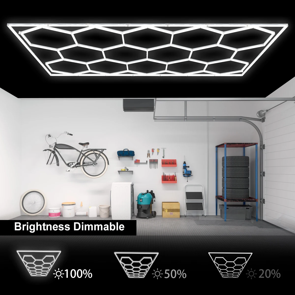 六角形フレーム付き調光可能LEDガレージライト,ハニカムディテール