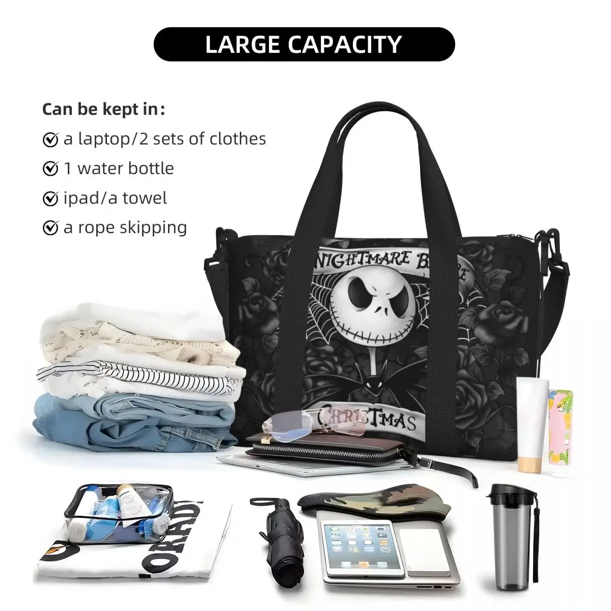Custom The Nightmare Before Christmas Beach Tote Bag for  Extra Large Gym Carry On Halloween Skull Jack Skeleton Travel Bags 5
