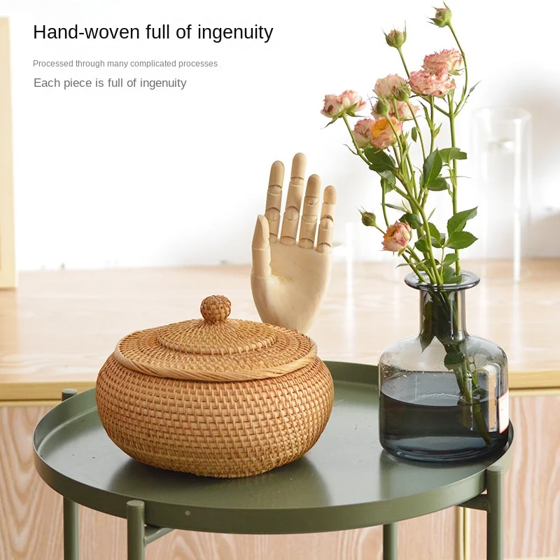 

Round Rattan Boxes with Lid Hand-Woven Multi-Purpose Wicker Tray Picnic Food Bread Snack Fruit Table Storage Willow Basket