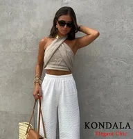 KONDALA Sexy Casual Crossover Camisole Top Set Women New 2025 Spring Summer Fasion Holiday Beach Pant Set Halter Top with Pant - Image 4